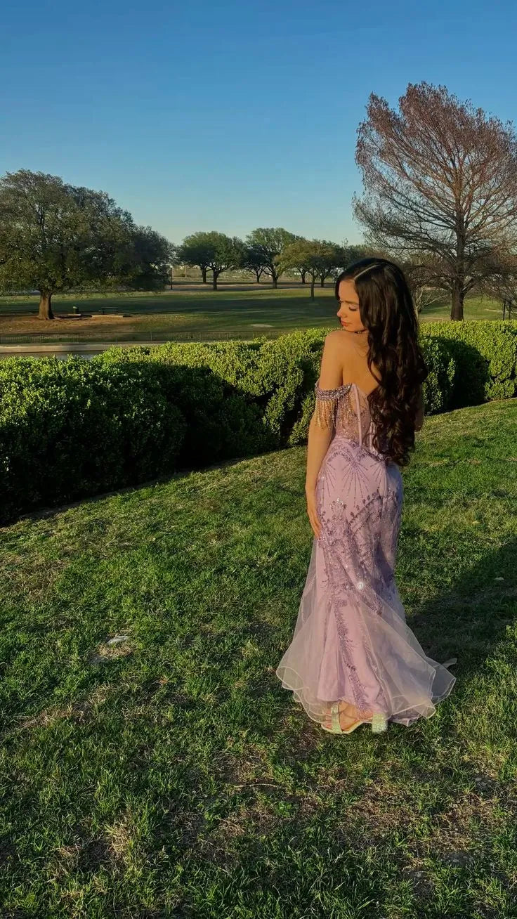 Elegant Mermaid Sweetheart Beaded Sequin Lavender Maxi Prom Dress
