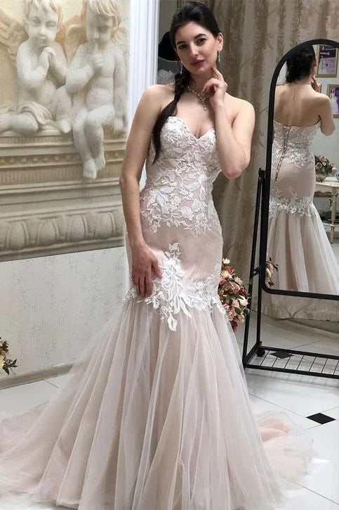 Elegant Mermaid Sweetheart Floral Lace Tulle Nude Long Prom Dress