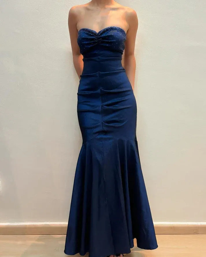 Elegant Mermaid Sweetheart Neck Sleeveless Beaded Navy Blue Maxi Prom Dress for Women Ready to Ship