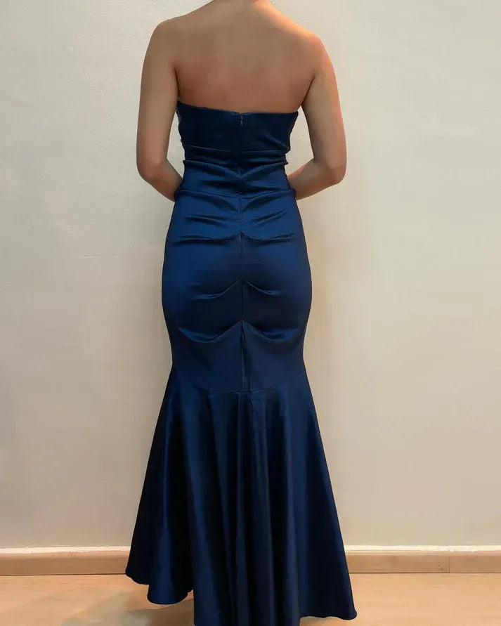 Elegant Mermaid Sweetheart Neck Sleeveless Beaded Navy Blue Maxi Prom Dress for Women Ready to Ship