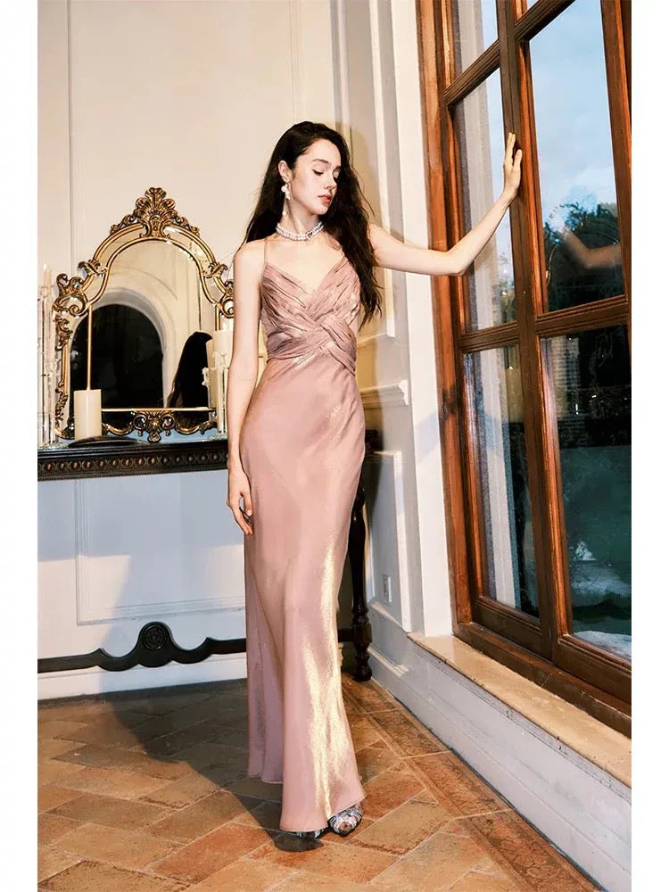 Elegant Mermaid Sweetheart Neck Sleeveless Ruched Blush Pink Maxi Prom Dress for Women Ready to Ship