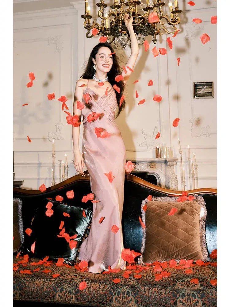 Elegant Mermaid Sweetheart Neck Sleeveless Ruched Blush Pink Maxi Prom Dress for Women Ready to Ship