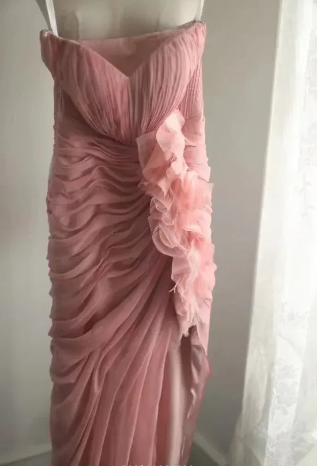 Elegant Mermaid Sweetheart Neck Strapless Ruched Ruffled Blush Floor Length Evening Dress For Sale