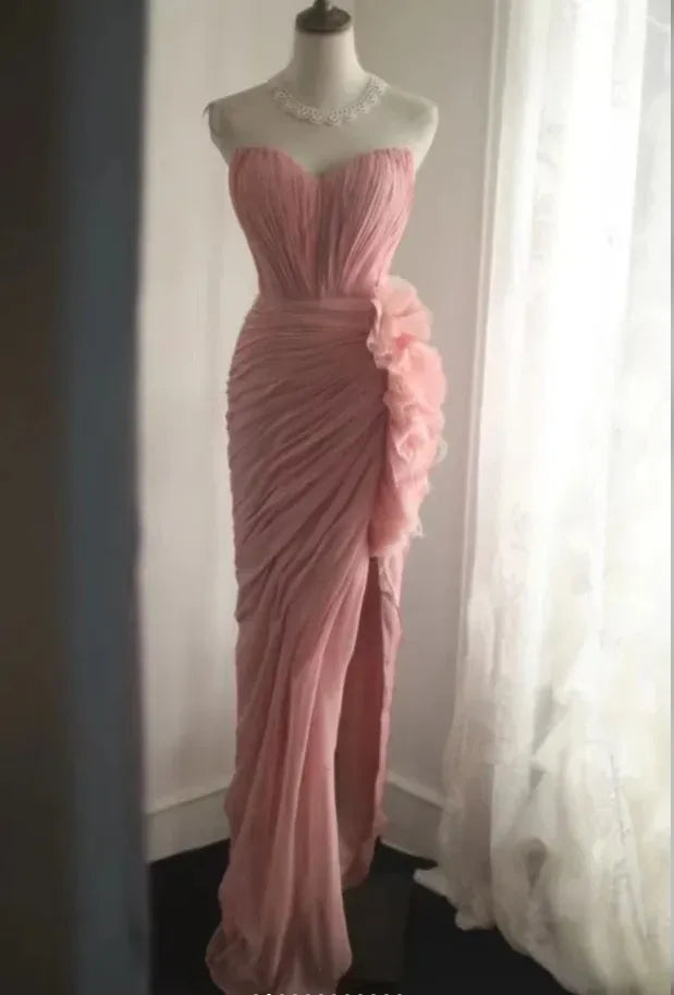 Elegant Mermaid Sweetheart Neck Strapless Ruched Ruffled Blush Floor Length Evening Dress For Sale