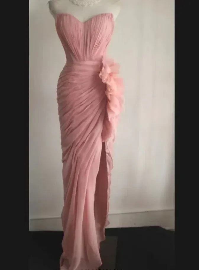 Elegant Mermaid Sweetheart Neck Strapless Ruched Ruffled Blush Floor Length Evening Dress For Sale