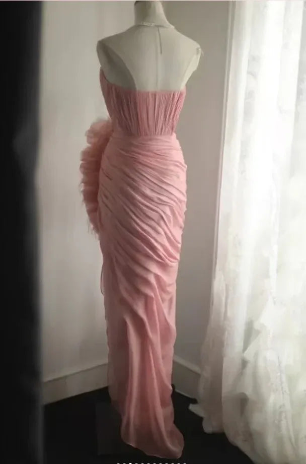 Elegant Mermaid Sweetheart Neck Strapless Ruched Ruffled Blush Floor Length Evening Dress For Sale