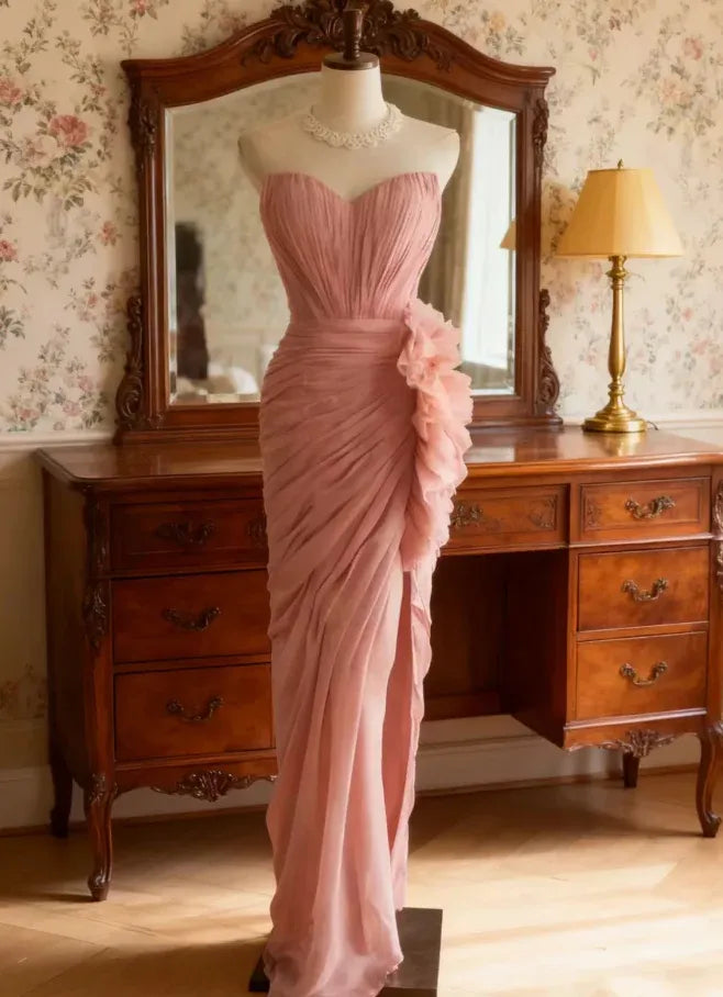 Elegant Mermaid Sweetheart Neck Strapless Ruched Ruffled Blush Floor Length Evening Dress For Sale