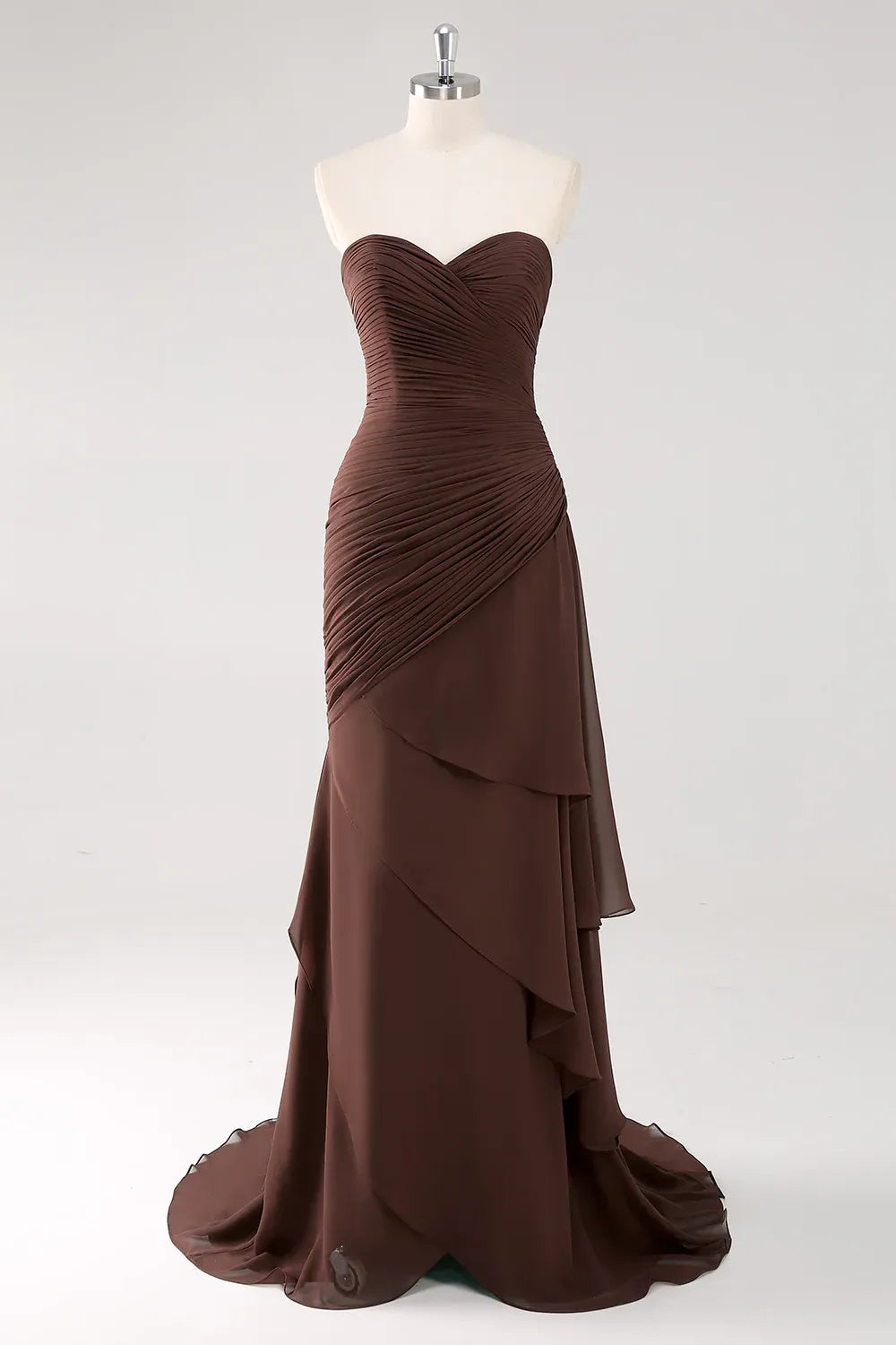 Elegant Mermaid Sweetheart Ruched Ruffle Chiffon Brown Floor-Length Prom Dress