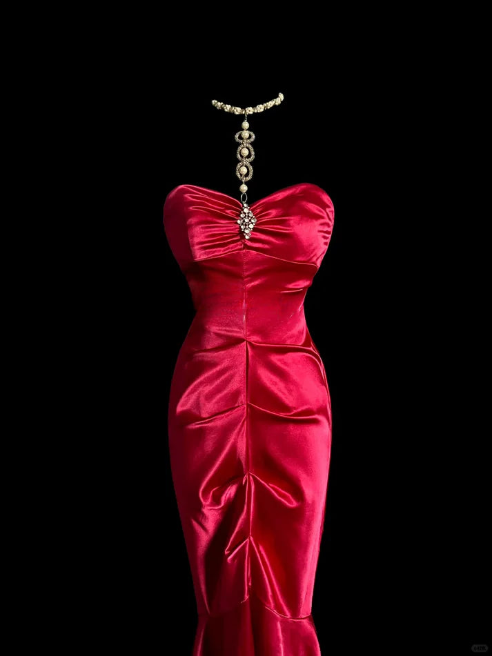 Elegant Mermaid Sweetheart Satin Red Long Prom Dress Evening Dress