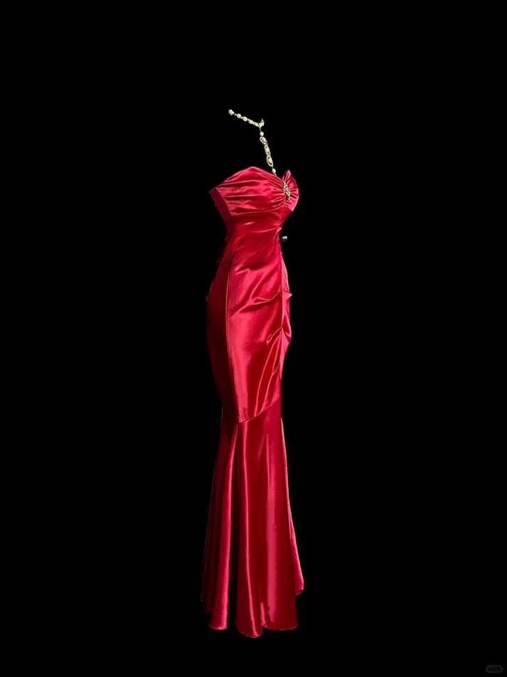 Elegant Mermaid Sweetheart Satin Red Long Prom Dress Evening Dress