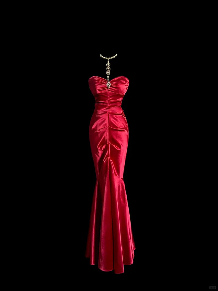 Elegant Mermaid Sweetheart Satin Red Long Prom Dress Evening Dress