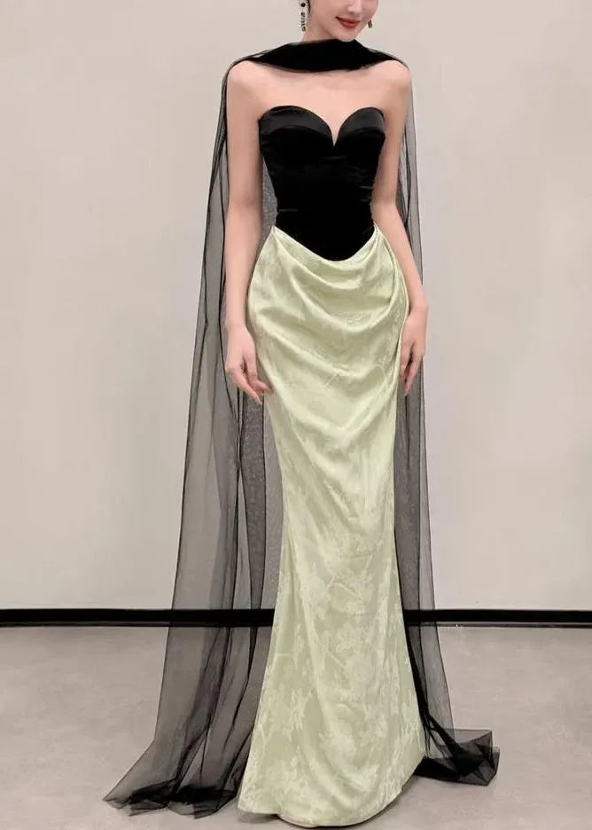 Elegant Mermaid Sweetheart Sleeveless Cape-Trim Black-Green Floor-Length Prom Dress for Women