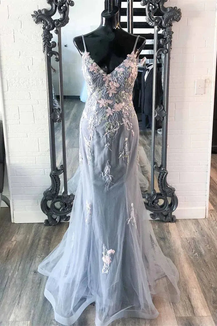 Elegant Mermaid/Trumpet Spaghetti Straps Sleeveless Appliques Sweep/Brush Train Prom Dress