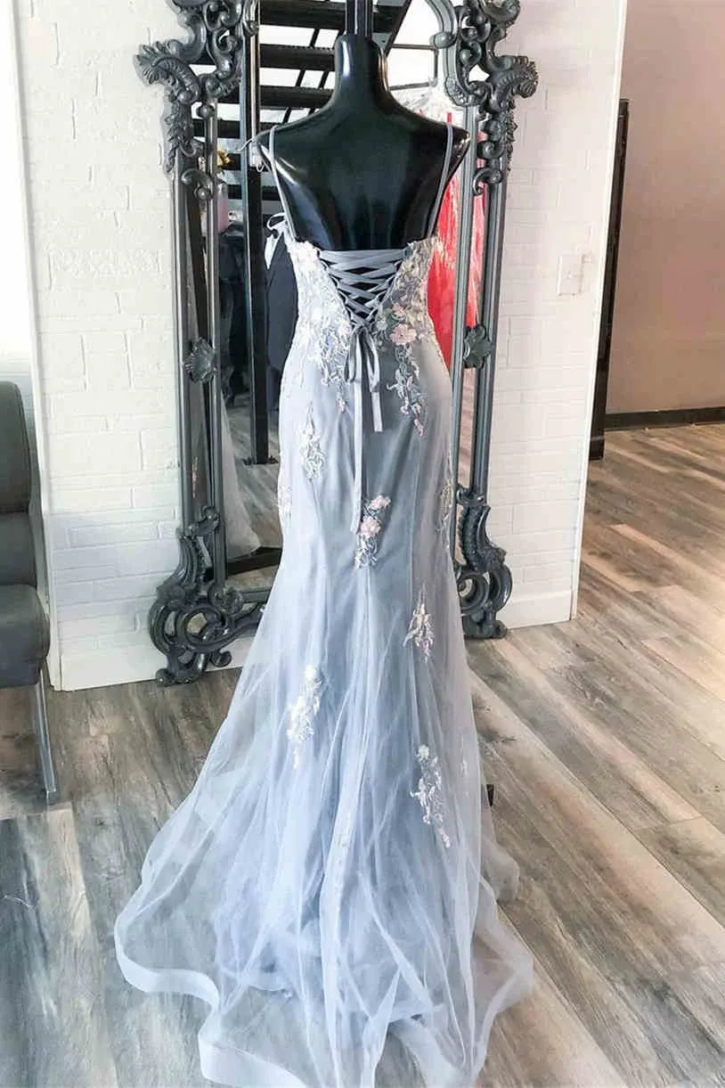 Elegant Mermaid/Trumpet Spaghetti Straps Sleeveless Appliques Sweep/Brush Train Prom Dress