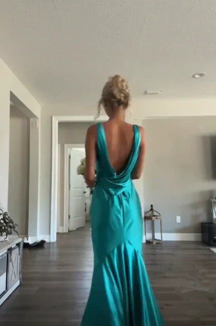 Elegant Mermaid/Trumpet V Neck Sleeveless Satin Floor-Length Prom Dress-w
