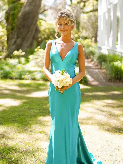 Elegant Mermaid/Trumpet V Neck Sleeveless Satin Floor-Length Prom Dress-w