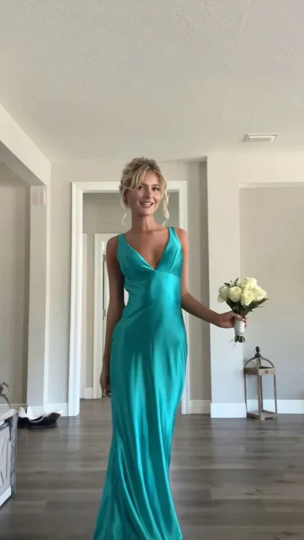 Elegant Mermaid/Trumpet V Neck Sleeveless Satin Floor-Length Prom Dress-w