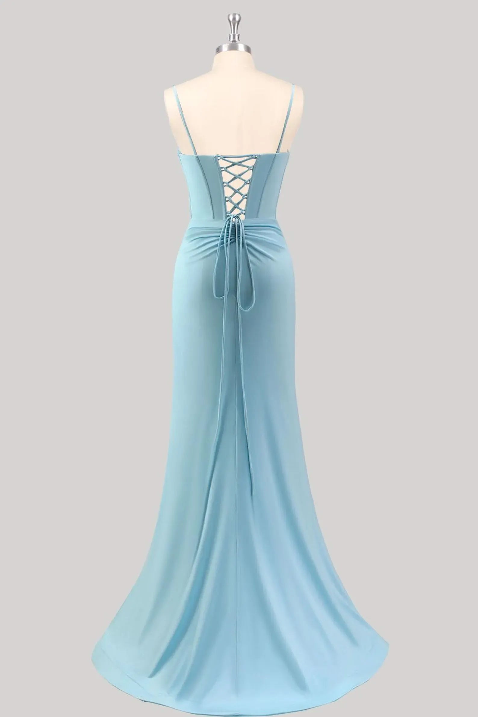 Elegant Mermaid V-Neck Beaded Sequins Satin Light Blue Floor-Length Prom Dress