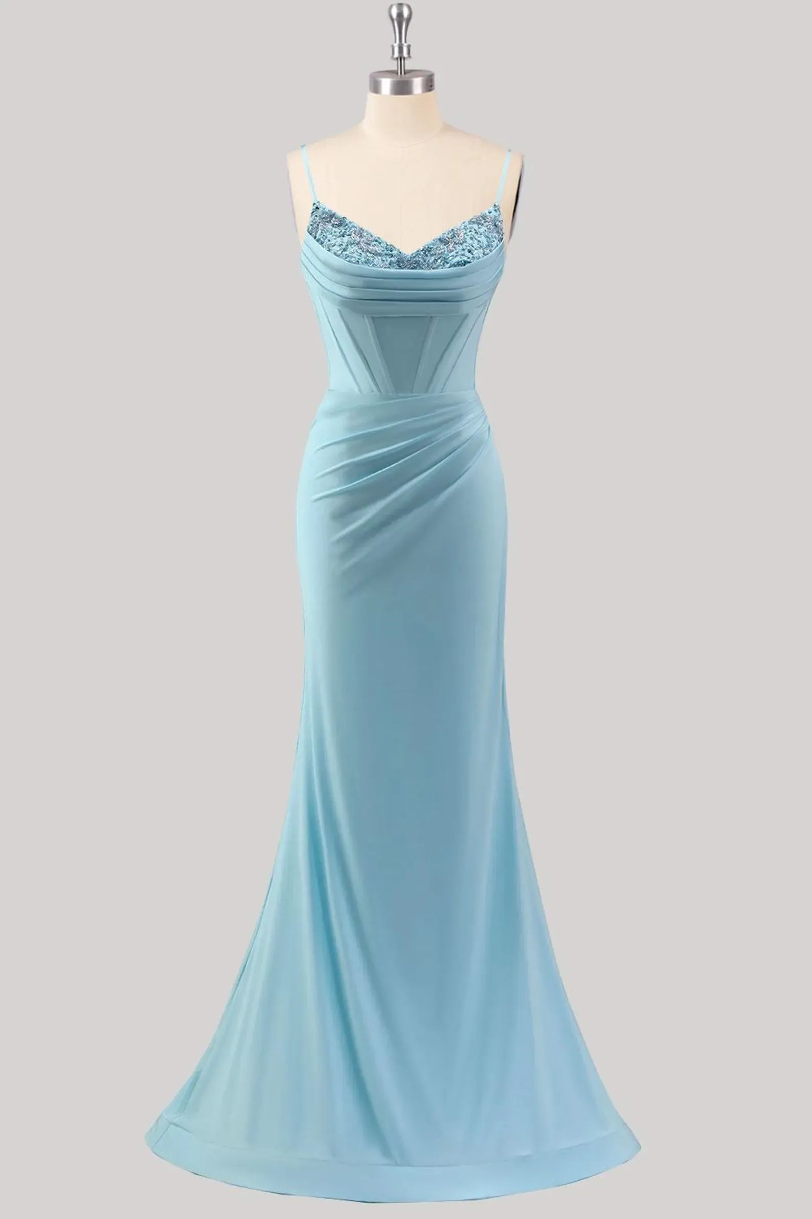 Elegant Mermaid V-Neck Beaded Sequins Satin Light Blue Floor-Length Prom Dress