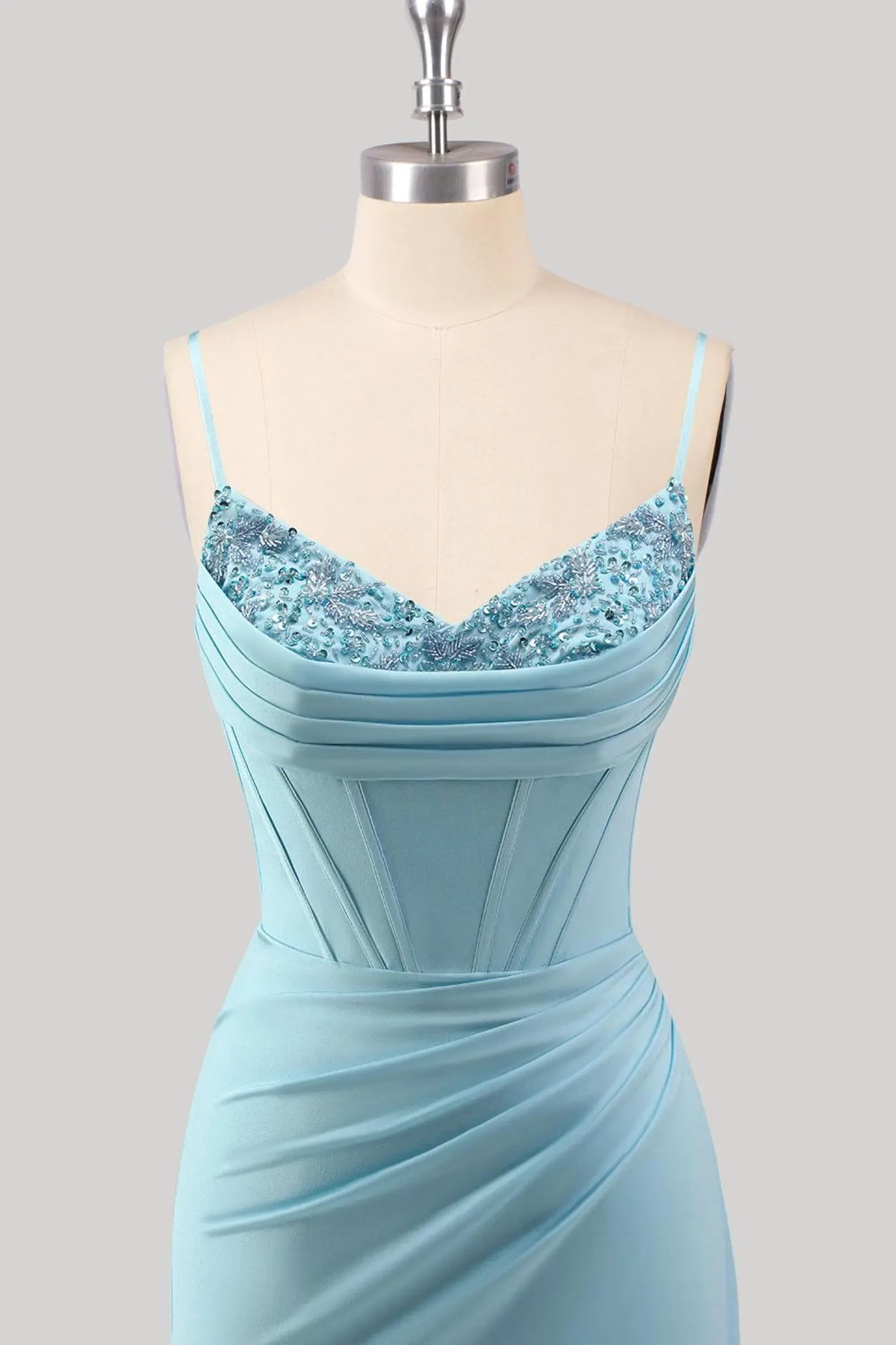 Elegant Mermaid V-Neck Beaded Sequins Satin Light Blue Floor-Length Prom Dress