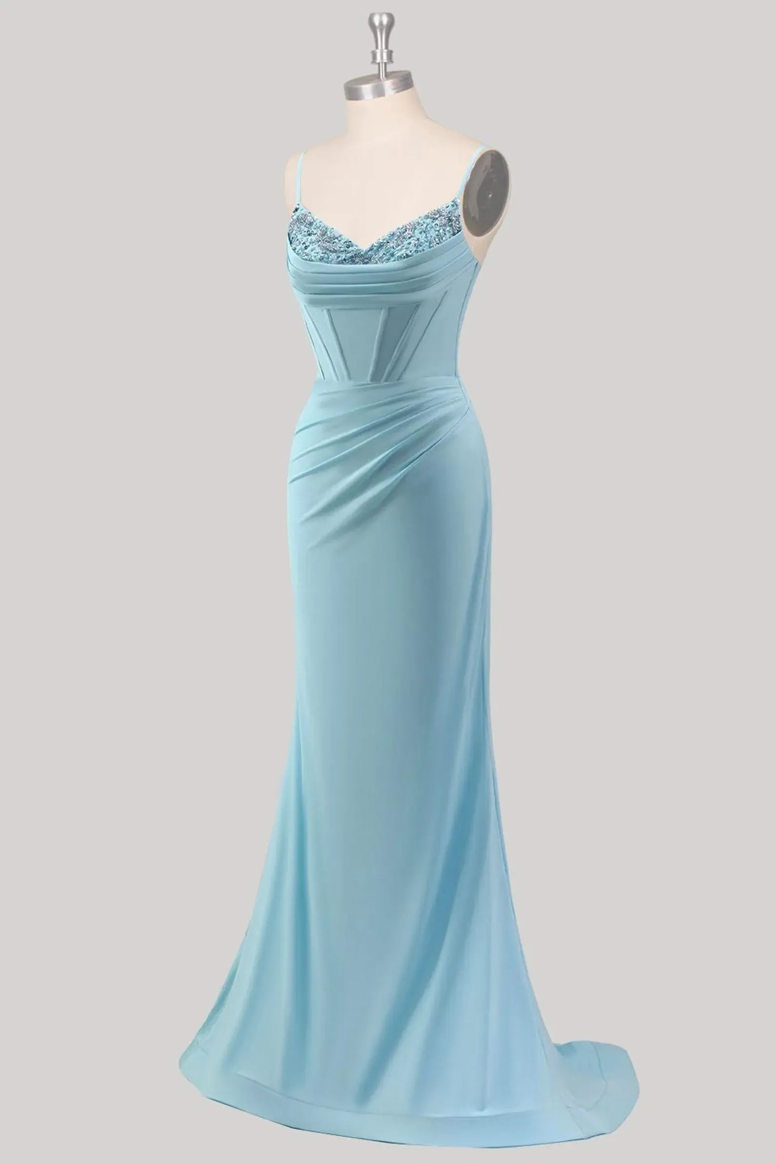 Elegant Mermaid V-Neck Beaded Sequins Satin Light Blue Floor-Length Prom Dress