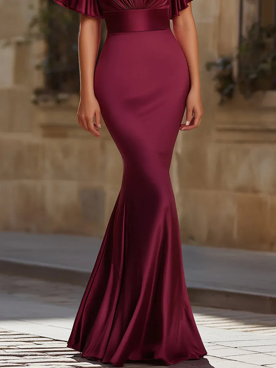 Elegant Mermaid V-Neck Flutter Sleeve Burgundy Long Evening Dresses