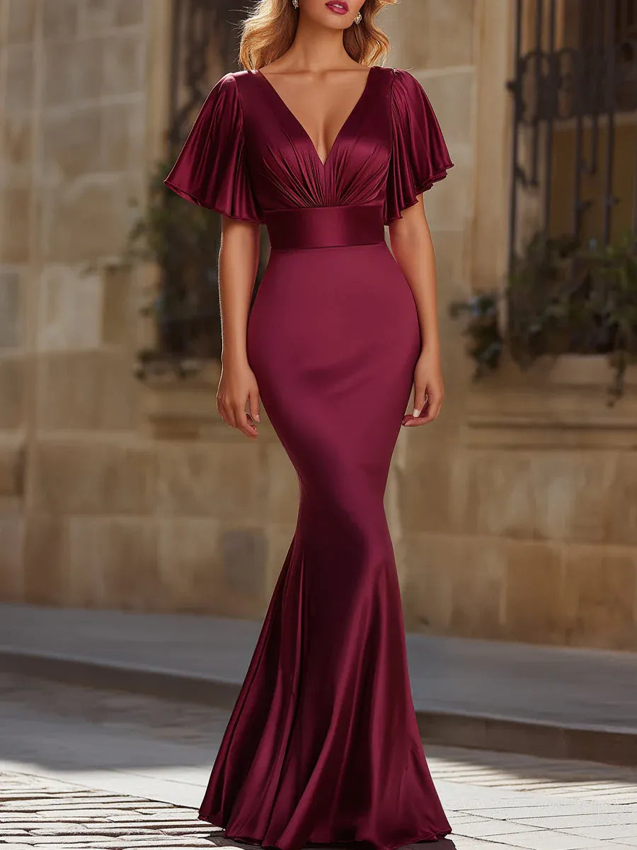 Elegant Mermaid V-Neck Flutter Sleeve Burgundy Long Evening Dresses