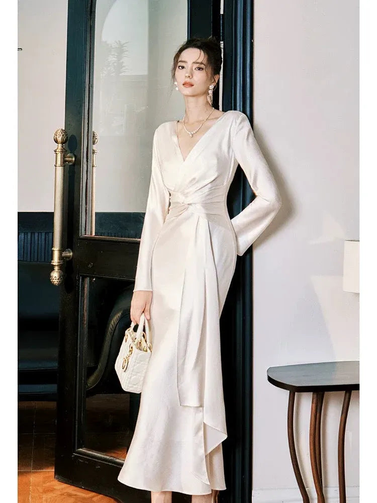 Elegant Mermaid V-Neck Long-Sleeve Draped Satin Ivory Maxi Prom Dress for Women