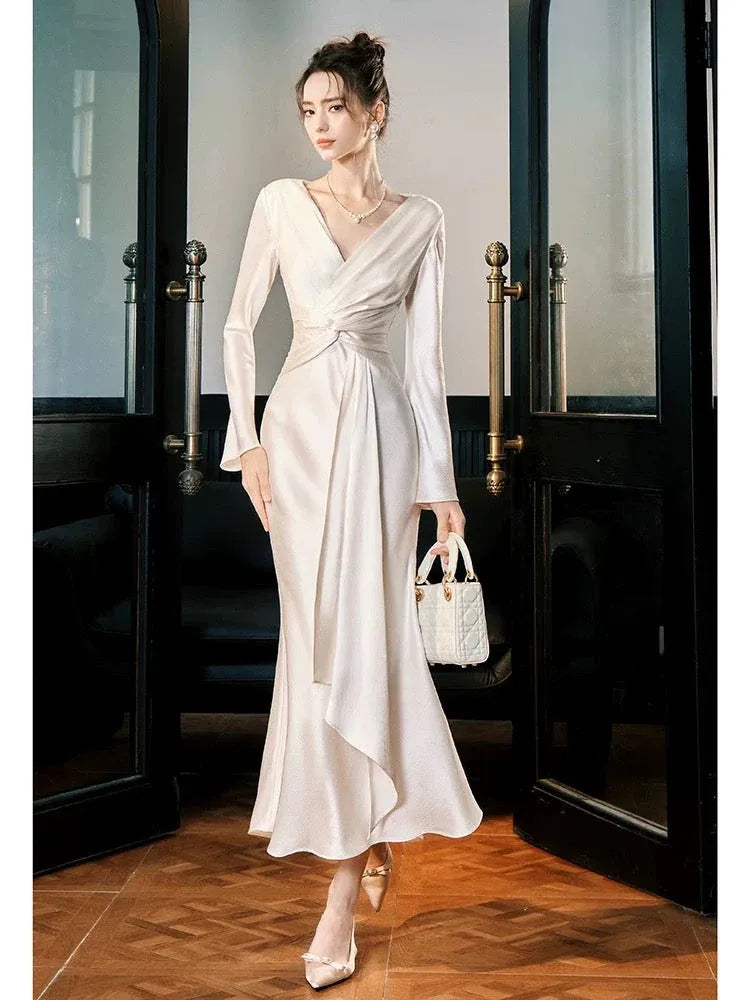 Elegant Mermaid V-Neck Long-Sleeve Draped Satin Ivory Maxi Prom Dress for Women