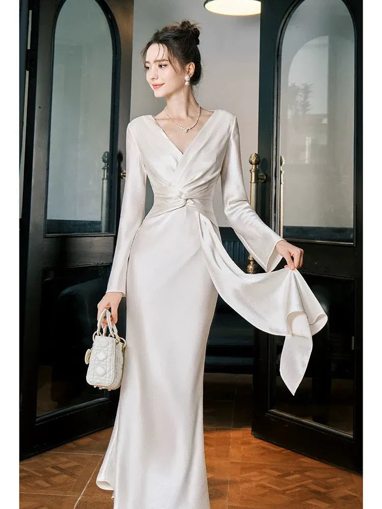 Elegant Mermaid V-Neck Long-Sleeve Draped Satin Ivory Maxi Prom Dress for Women