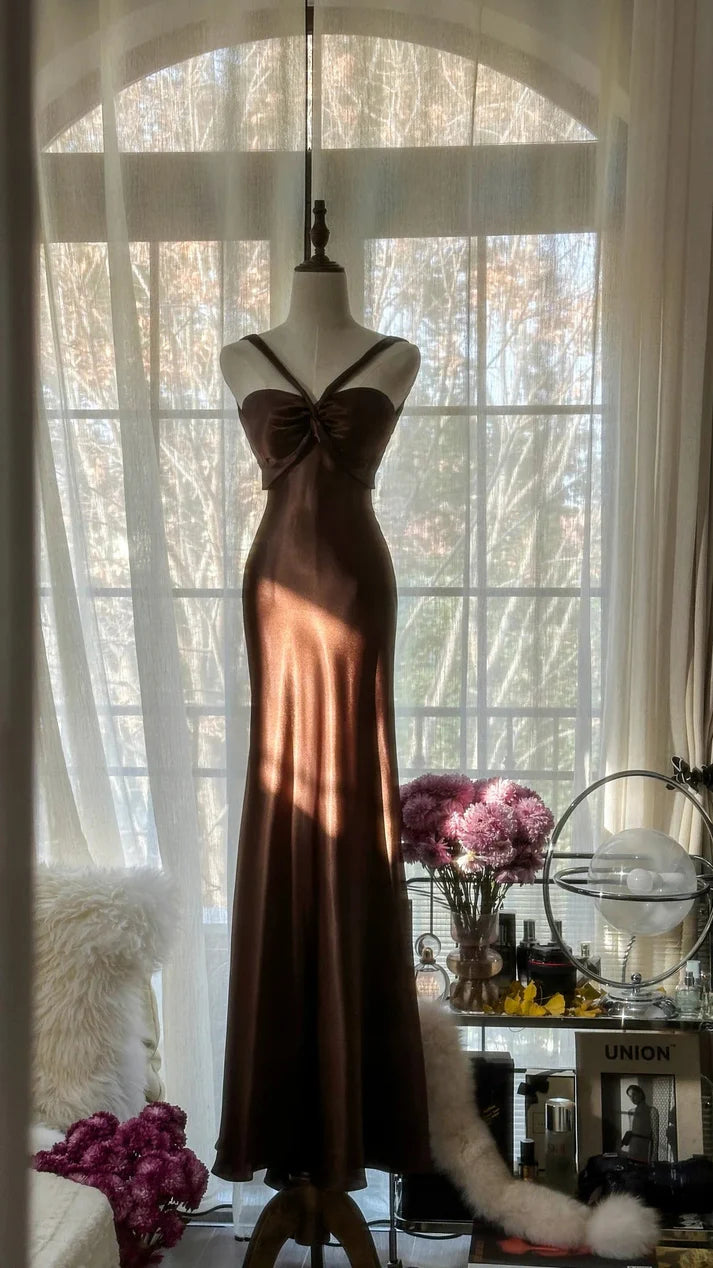 Elegant Mermaid V-Neck Open Back Satin Brown Long Party Dress