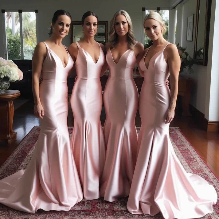 Elegant Mermaid V-Neck Satin Pink Floor Length Bridesmaid Dresses