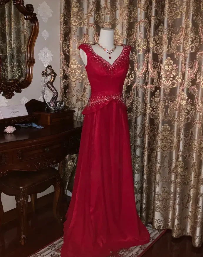 Elegant Mermaid V-Neck Sleeveless Beaded Red Maxi Prom Dress for Women ready to ship