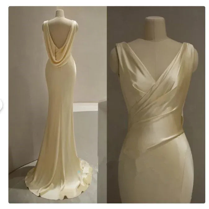 Elegant Mermaid V-Neck Sleeveless Draped Ivory Maxi Prom Dress for Women Custom