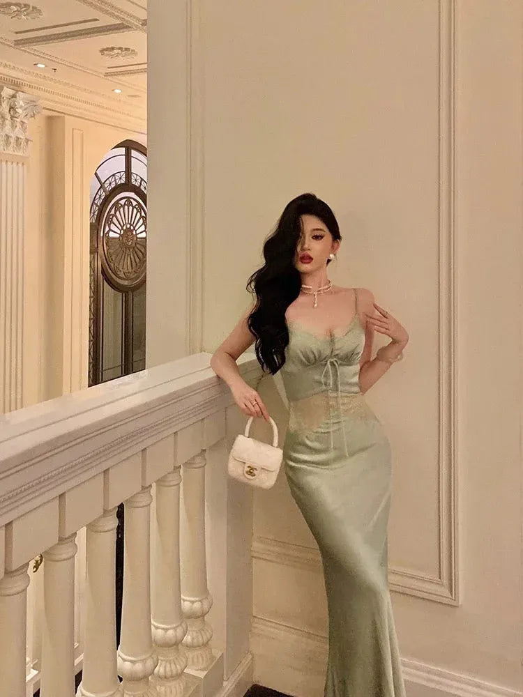 Elegant Mermaid V-Neck Sleeveless Lace-Trimmed Satin Sage Green Maxi Evening Dress