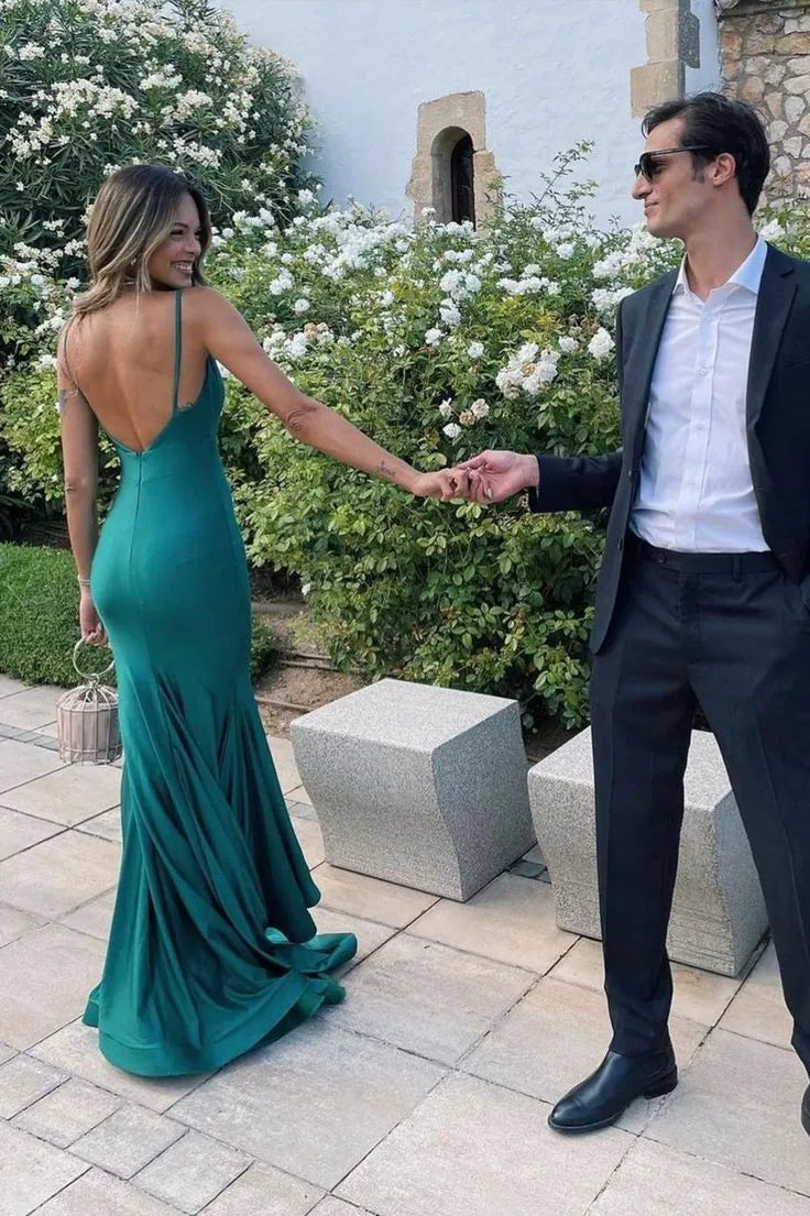 Elegant Mermaid V-Neck Sleeveless Open-Back Satin Emerald Floor-Length Evening Dress for Women