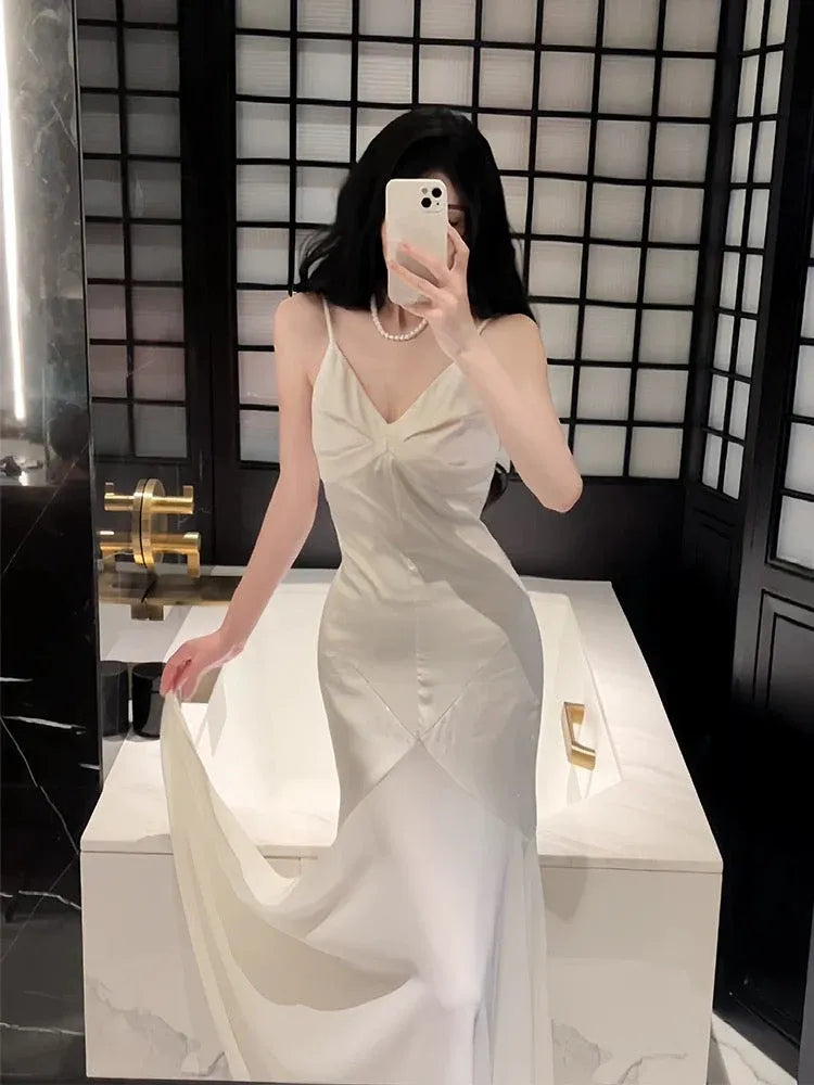 Elegant Mermaid V-Neck Sleeveless Satin Ivory Long Prom Dress for Women Ready to Ship