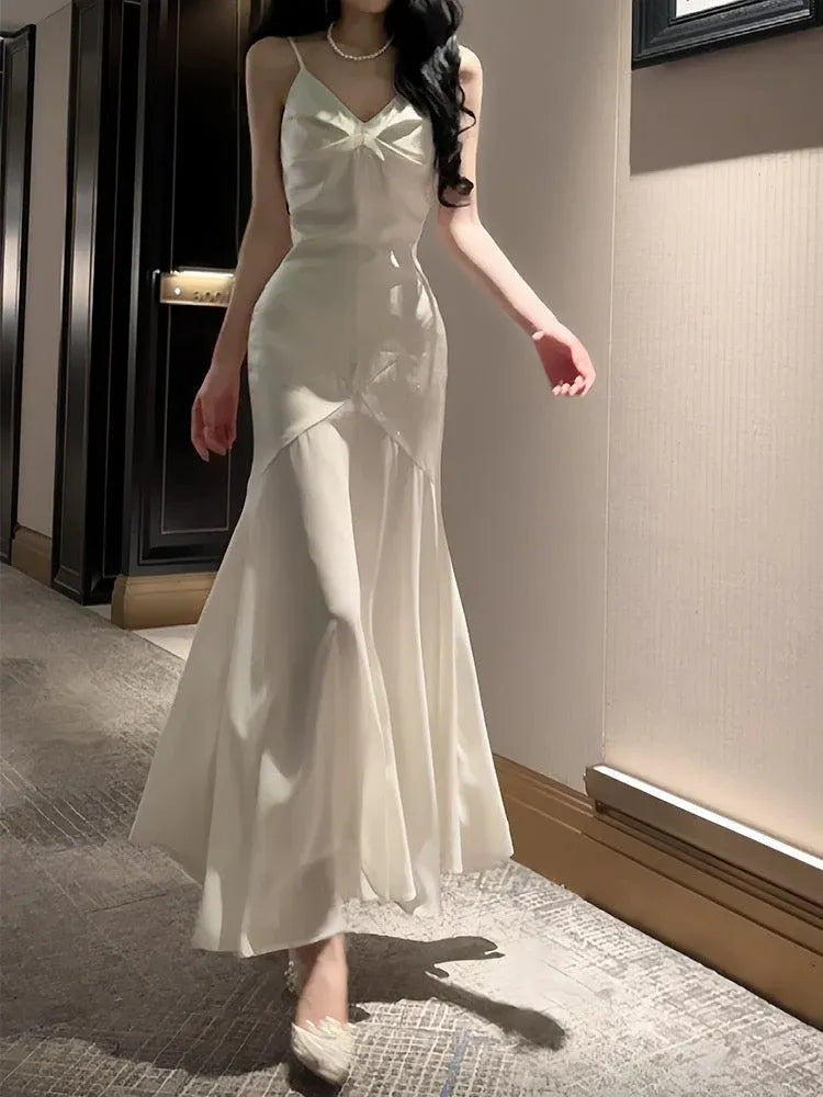 Elegant Mermaid V-Neck Sleeveless Satin Ivory Long Prom Dress for Women Ready to Ship