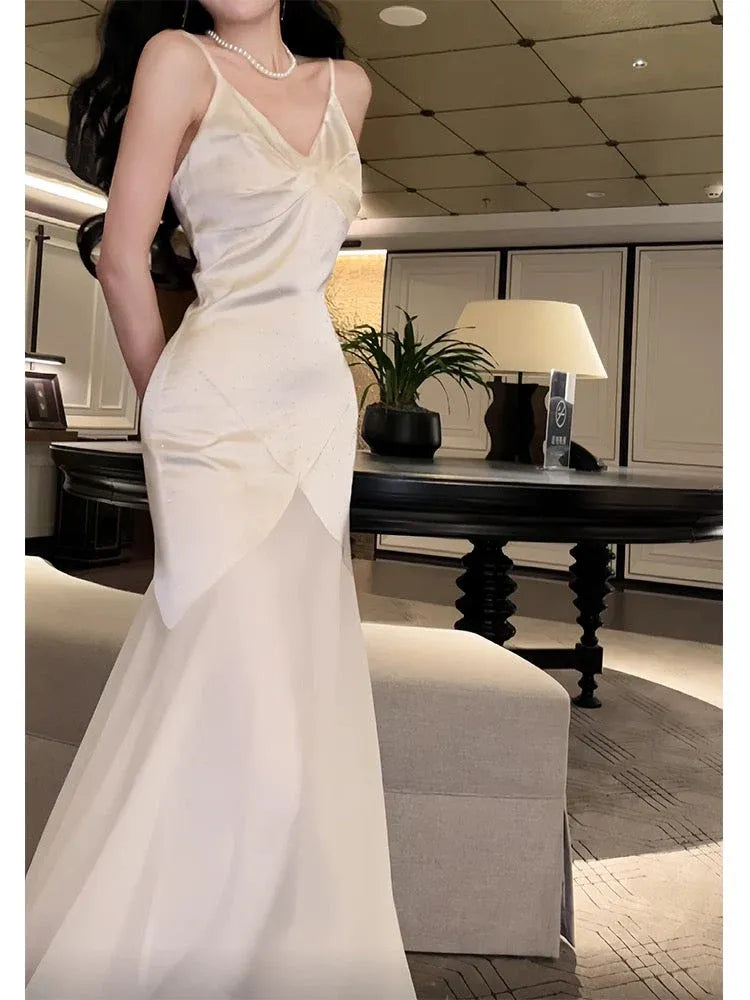 Elegant Mermaid V-Neck Sleeveless Satin Ivory Long Prom Dress for Women Ready to Ship