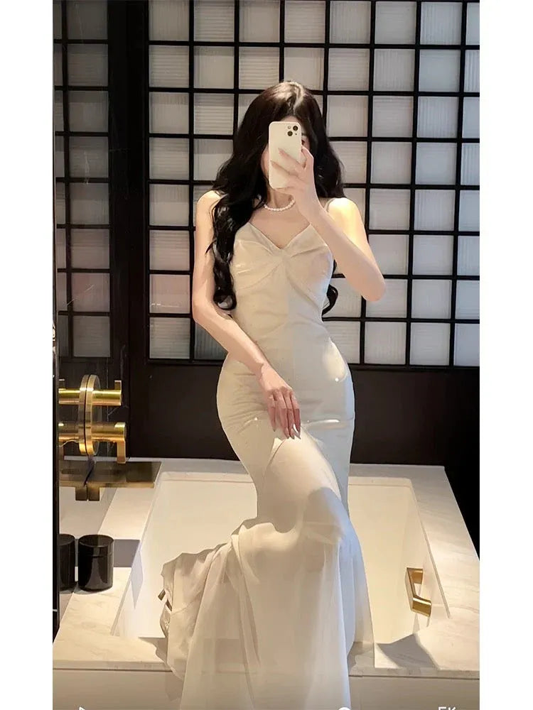 Elegant Mermaid V-Neck Sleeveless Satin Ivory Long Prom Dress for Women Ready to Ship