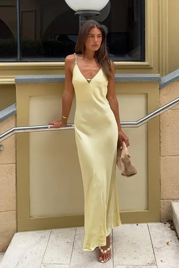 Elegant Mermaid V-Neck Spaghetti Strap Beaded Pale Yellow Ankle Length Prom Dress