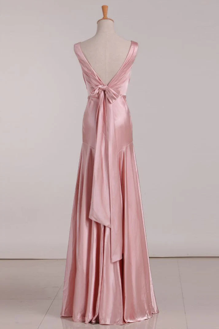 Elegant Mermaid V-Neck Tie Back Satin Pink Long Bridesmaid Dress Casual