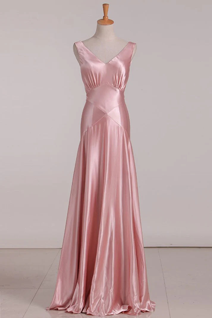 Elegant Mermaid V-Neck Tie Back Satin Pink Long Bridesmaid Dress Casual