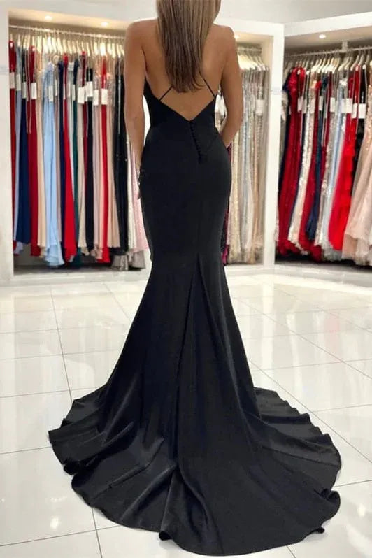 Elegant Mermaid V-neck Satin Backless Black Maxi Prom Dress With Train