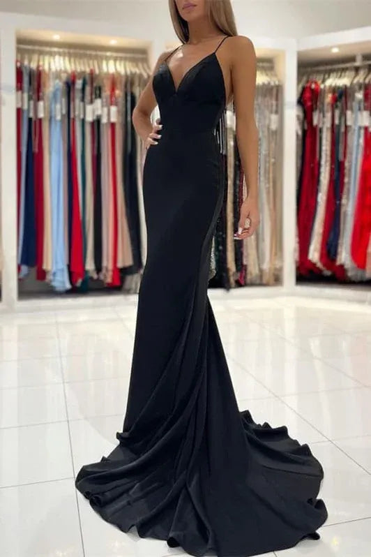 Elegant Mermaid V-neck Satin Backless Black Maxi Prom Dress With Train