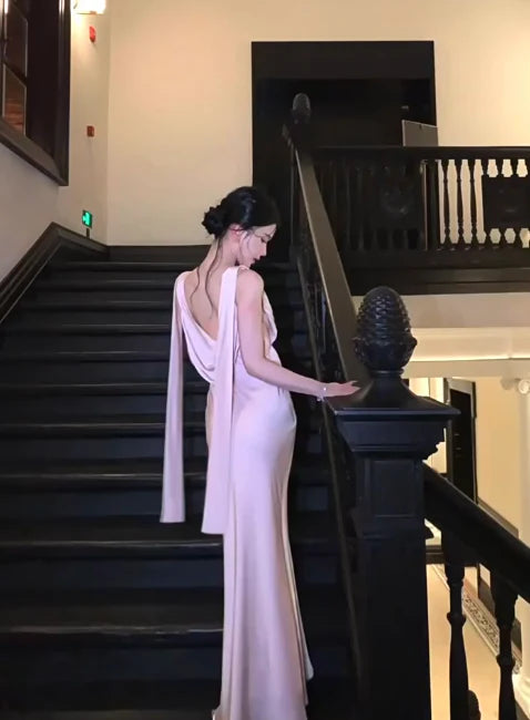 Elegant Mermaid V-neck Satin Pink Long Evening Dress Graduation Dress