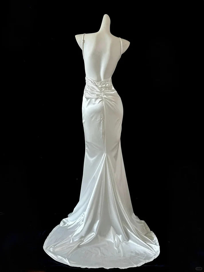 Elegant Mermaid V Neck Backless Satin White Long Party Dress Hot Sale