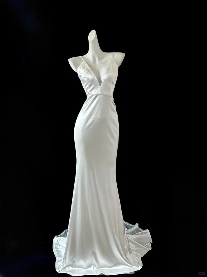 Elegant Mermaid V Neck Backless Satin White Long Party Dress Hot Sale