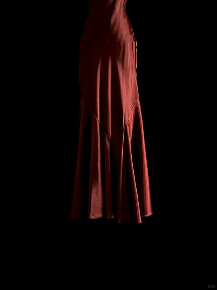 Elegant Mermaid V Neck Beaded Satin Burgundy Long Prom Dress Evening Dress