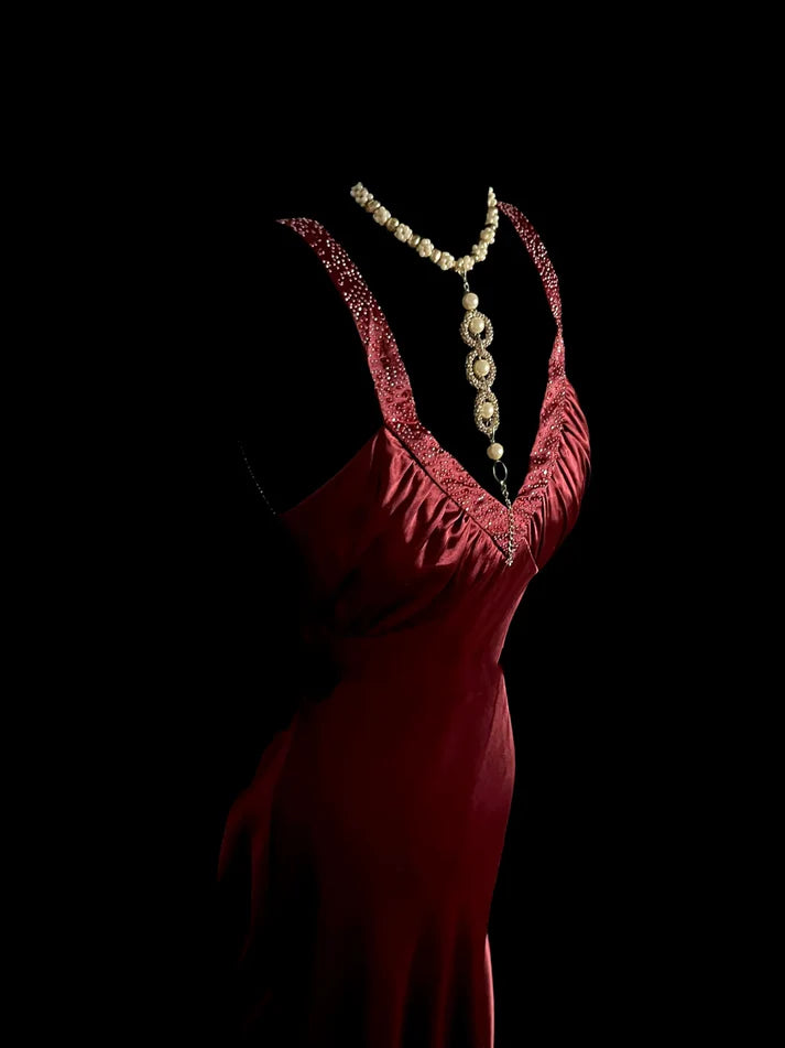 Elegant Mermaid V Neck Beaded Satin Burgundy Long Prom Dress Evening Dress